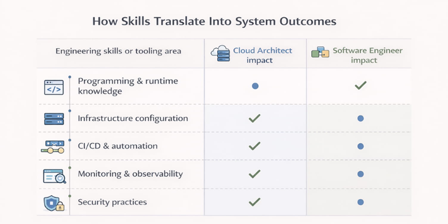 An image that represent Cloud architect vs software engineer skills impact on systems